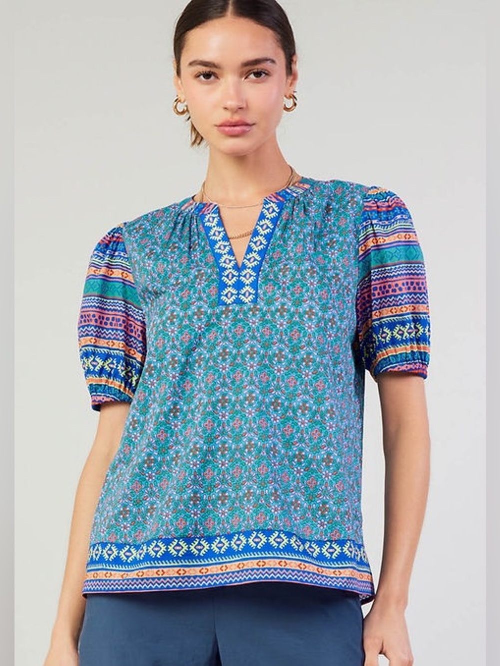 Anthropologie Current Air Floral TribalSplit Neck Blouse Puff Sleeves NWT Small